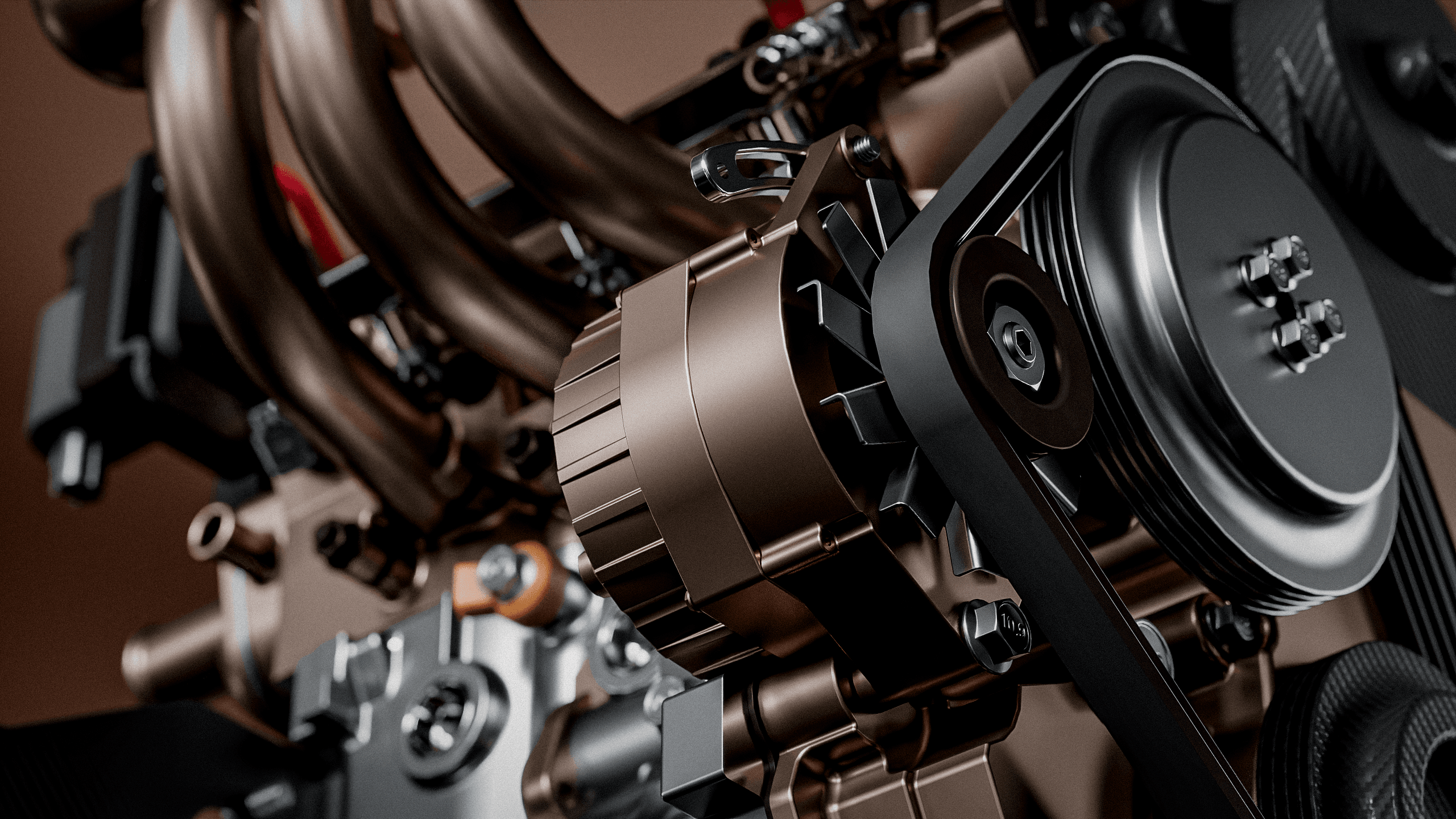 esempio di una visualizzazione 3D fotorealistica di un motore tratta da un video 3D promozionale per il lancio di un prodotto.